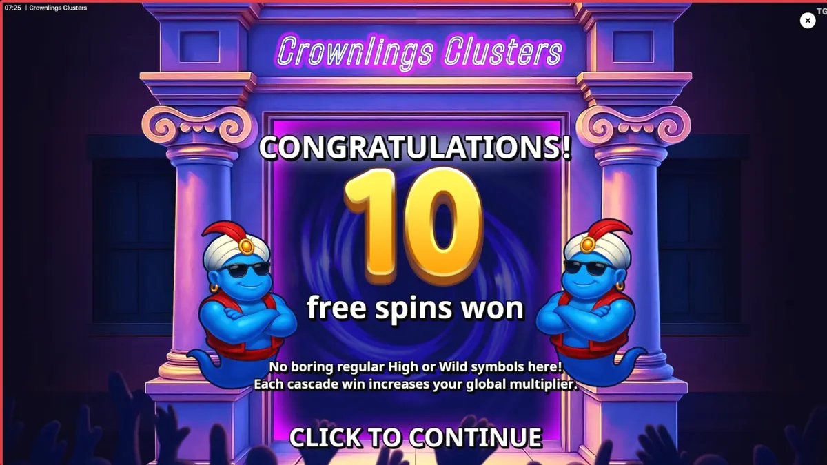 Cena vibrante do slot Crownlings Clusters com criaturas coloridas e elementos neon.