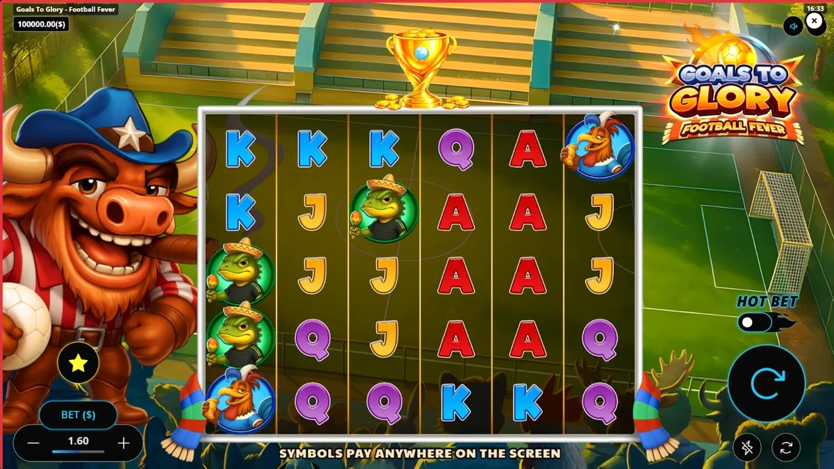 Personagens animais jogando futebol no slot Goals to Glory Football Fever